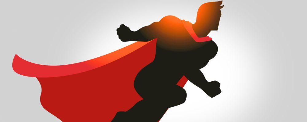 Eine Illustration, die die Silhouette der Comicfigur vom „Superman” zeigt, der einen Anlauf nimmt, bevor er in die Luft steigt. die Silhouette ist in schwarz, das Cape ist in rot.